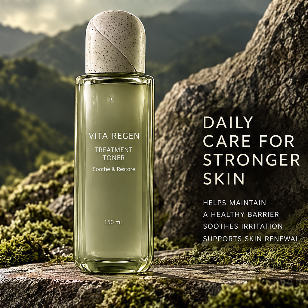 Vita Regen Treatment Toner 150 mL beside daily barrier care text on a moss-covered stone ledge.