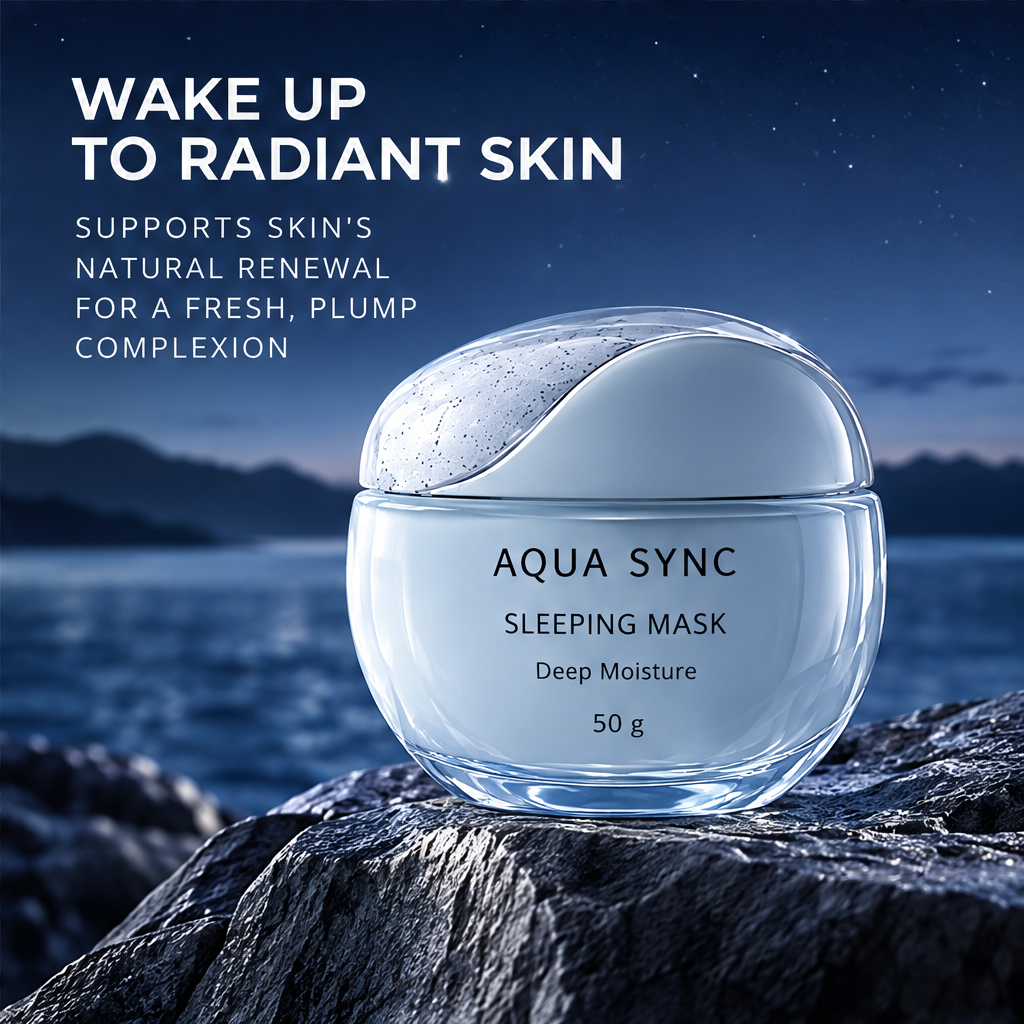 Aqua Sync Sleeping Mask 50 g on coastal rocks at night beside text about a fresh, plump complexion.