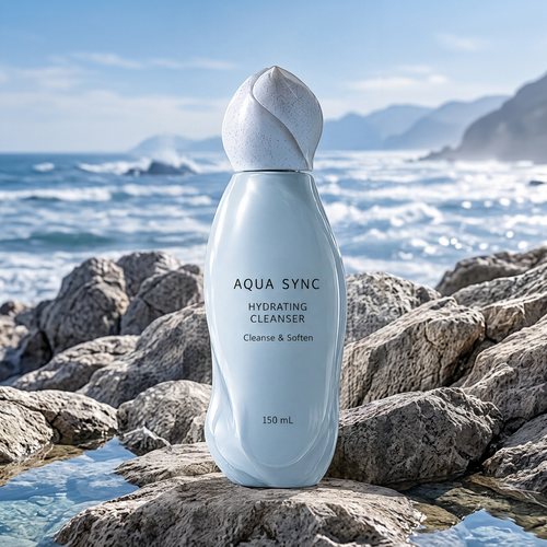 Aqua Sync hydrating cleanser 150 mL in a pale blue bottle with a sculpted cap, standing on coastal rocks.
