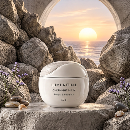Lumi Ritual Overnight Mask 50 g in an ivory jar framed by coastal rocks, purple flowers and a sunset stone arch.