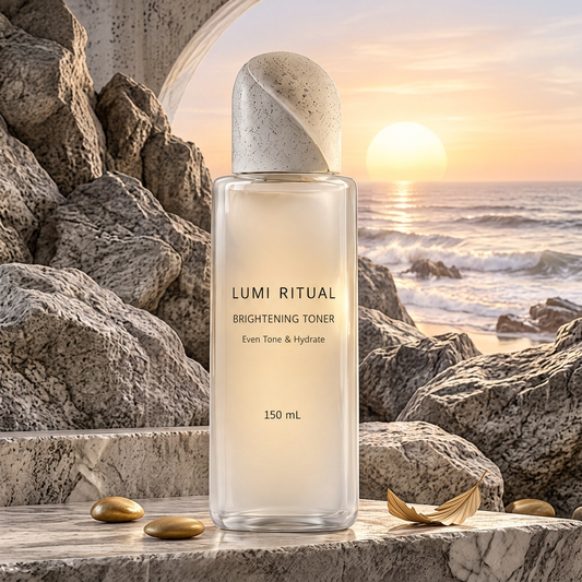 Lumi Ritual Brightening Toner 150 mL in a clear rectangular bottle with a speckled cap beside a coastal sunset.