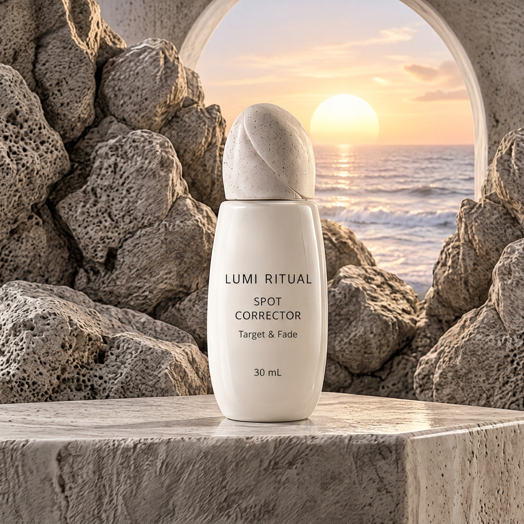 Lumi Ritual Spot Corrector 30 mL in an ivory bottle with a speckled cap beneath a seaside stone arch at sunset.