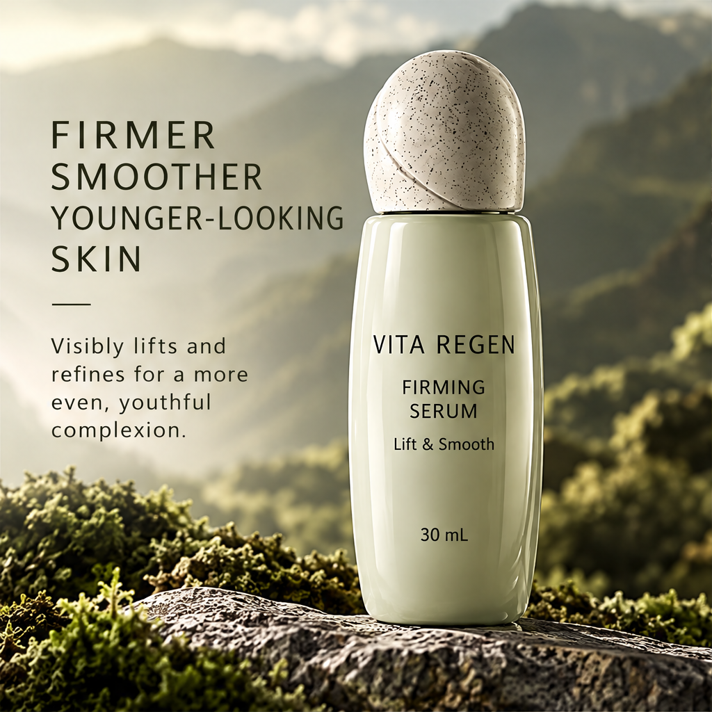 Vita Regen Firming Serum 30 mL beside text about firmer, smoother and younger-looking skin.