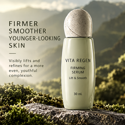 Vita Regen Firming Serum 30 mL beside text about firmer, smoother and younger-looking skin.