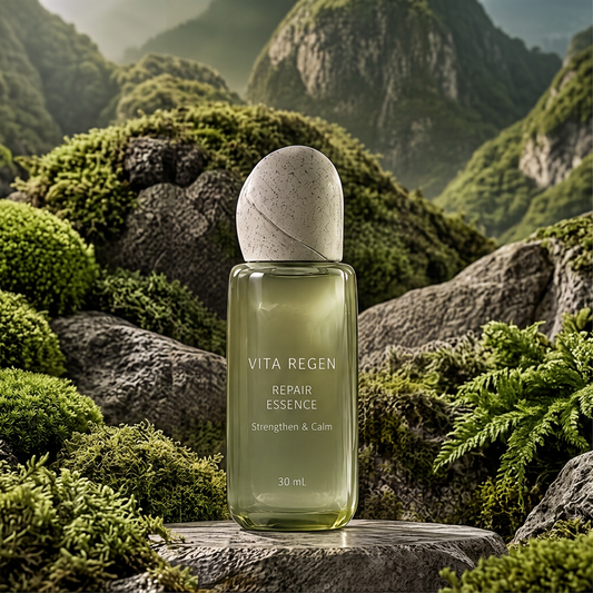 Vita Regen Repair Essence 30 mL in a pale green rectangular bottle on mossy rocks against a mountain landscape.