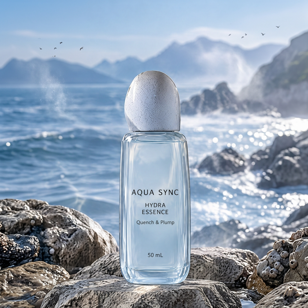 Aqua Sync Hydra Essence 50 mL bottle with a rounded speckled cap, standing on coastal rocks beside the sea.