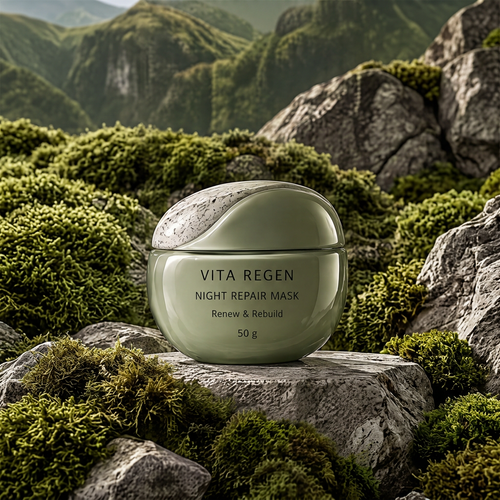 Night repair mask 50 g in a sage-green jar on a rock surrounded by moss and mountain scenery