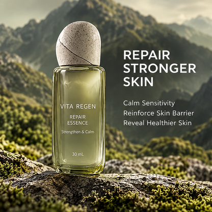 Vita Regen Repair Essence 30 mL beside strengthen and calm text against a green mountain valley.