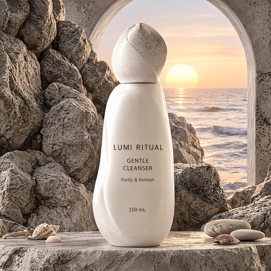 Lumi Ritual Gentle Cleanser 150 mL in an ivory bottle with a speckled sculpted cap beneath a seaside stone arch.