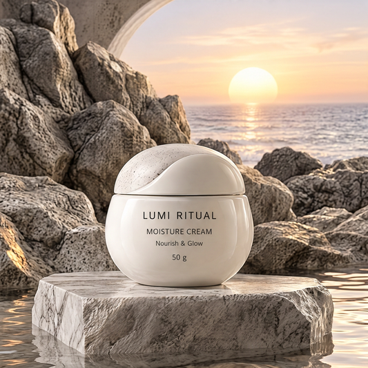Lumi Ritual Moisture Cream 50 g in a rounded ivory jar with a sculpted lid beside the sea at sunset.