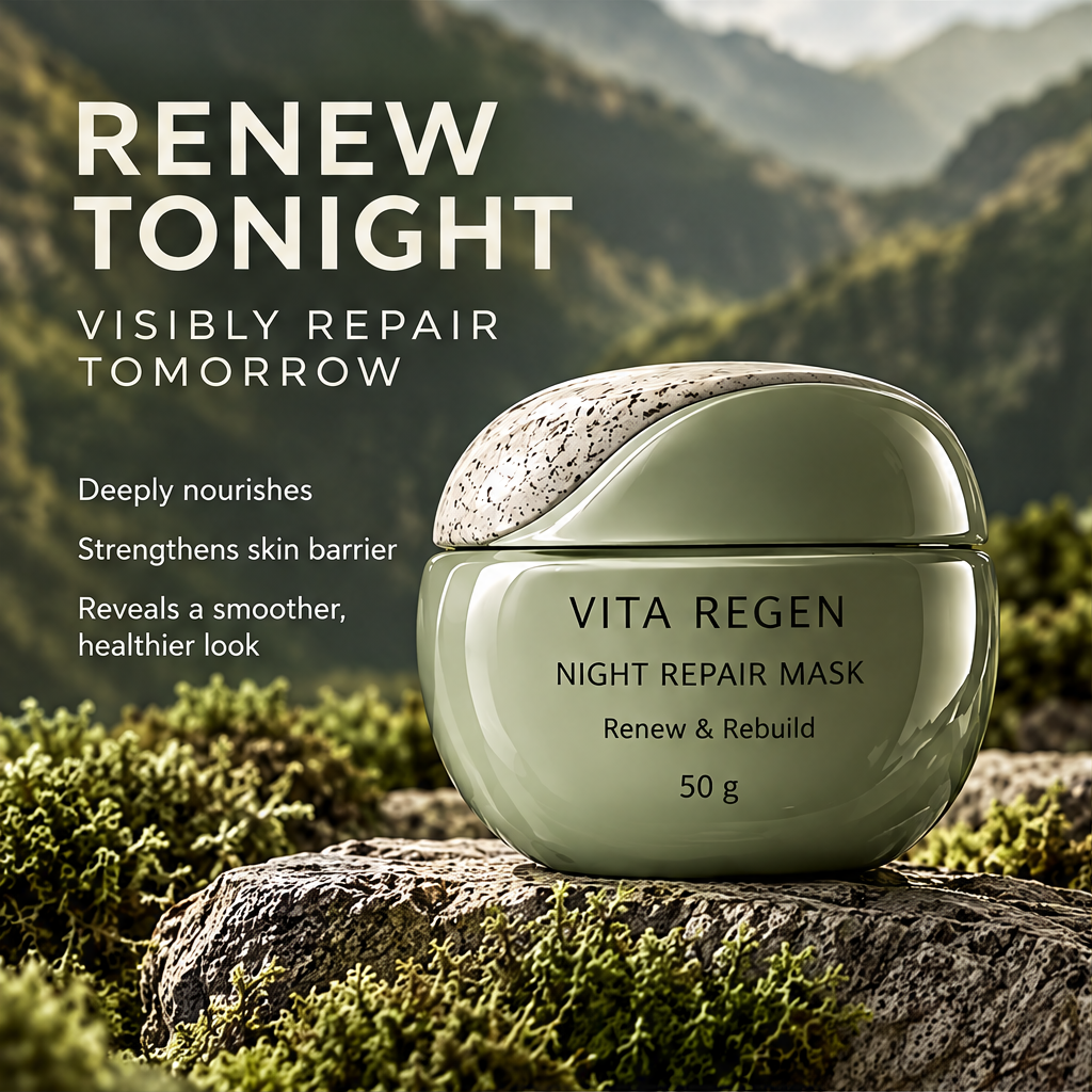 Night repair mask jar with Renew Tonight messaging highlighting nourishment and skin barrier support