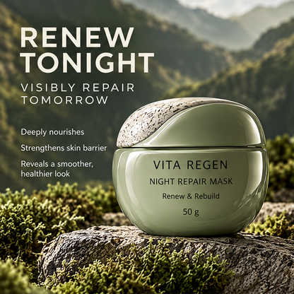 Night repair mask jar with Renew Tonight messaging highlighting nourishment and skin barrier support