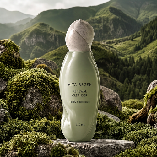 Vita Regen Renewal Cleanser 150 mL in a pale green sculpted bottle on moss-covered rocks against a mountain landscape.