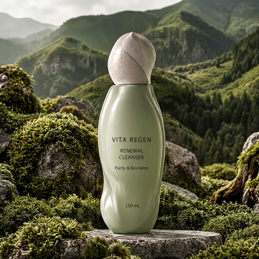 Vita Regen Renewal Cleanser 150 mL in a pale green sculpted bottle on moss-covered rocks against a mountain landscape.
