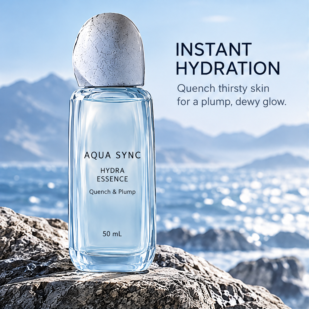 Aqua Sync Hydra Essence 50 mL on seaside rocks beside instant hydration and dewy glow text.