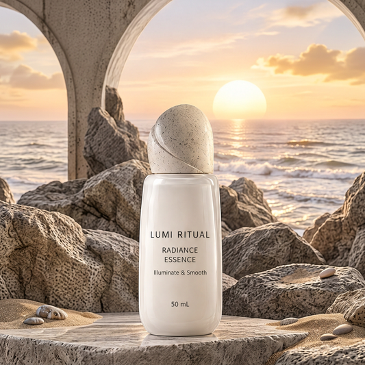 Lumi Ritual Radiance Essence 50 mL in an ivory bottle with a speckled cap beneath seaside stone arches at sunset.
