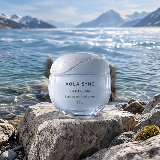 Aqua Sync Gel Cream 50 g in a rounded jar with a sculpted lid, standing on rocks beside blue water.