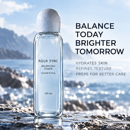 Aqua Sync Balancing Toner on coastal rocks beside text about hydration, refined texture and skincare preparation.