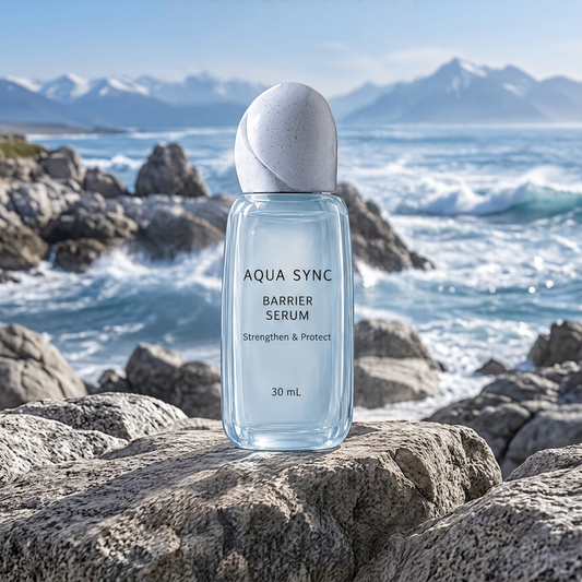 Aqua Sync Barrier Serum 30 mL bottle with a sculpted speckled cap, standing on rocks beside ocean waves.