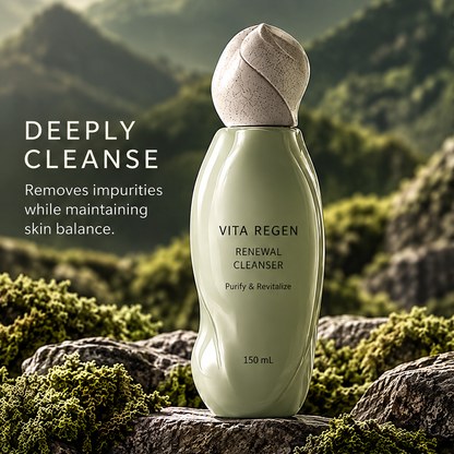 Vita Regen Renewal Cleanser 150 mL beside text about removing impurities while maintaining skin balance.