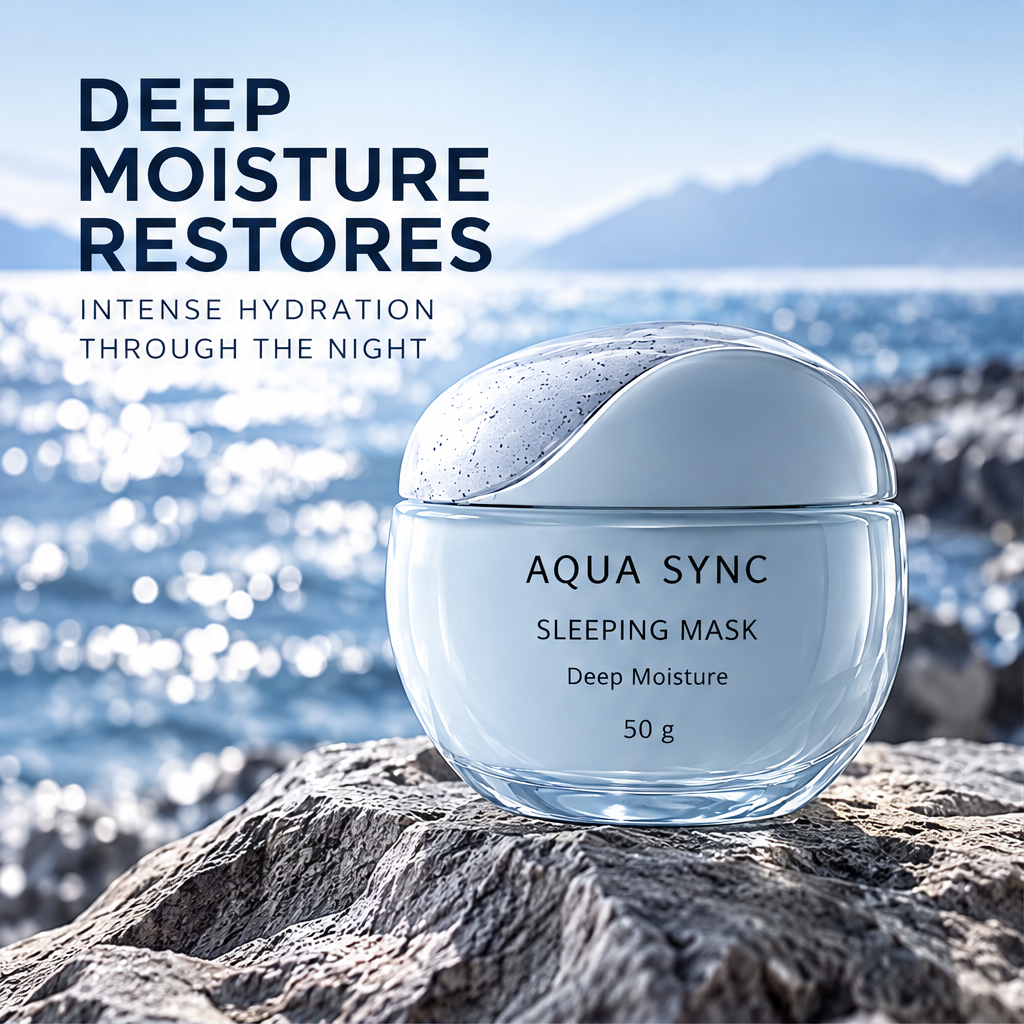 Aqua Sync Sleeping Mask 50 g beside text about intense overnight hydration, with blue water in the background.