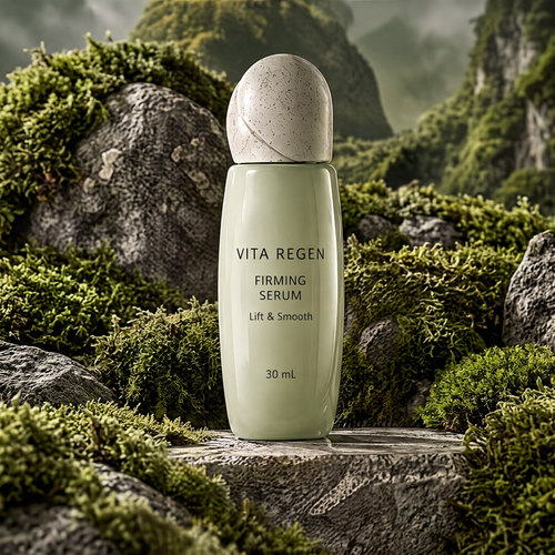 Vita Regen Firming Serum 30 mL in a pale green bottle with a speckled cap on mossy rocks against a mountain valley.