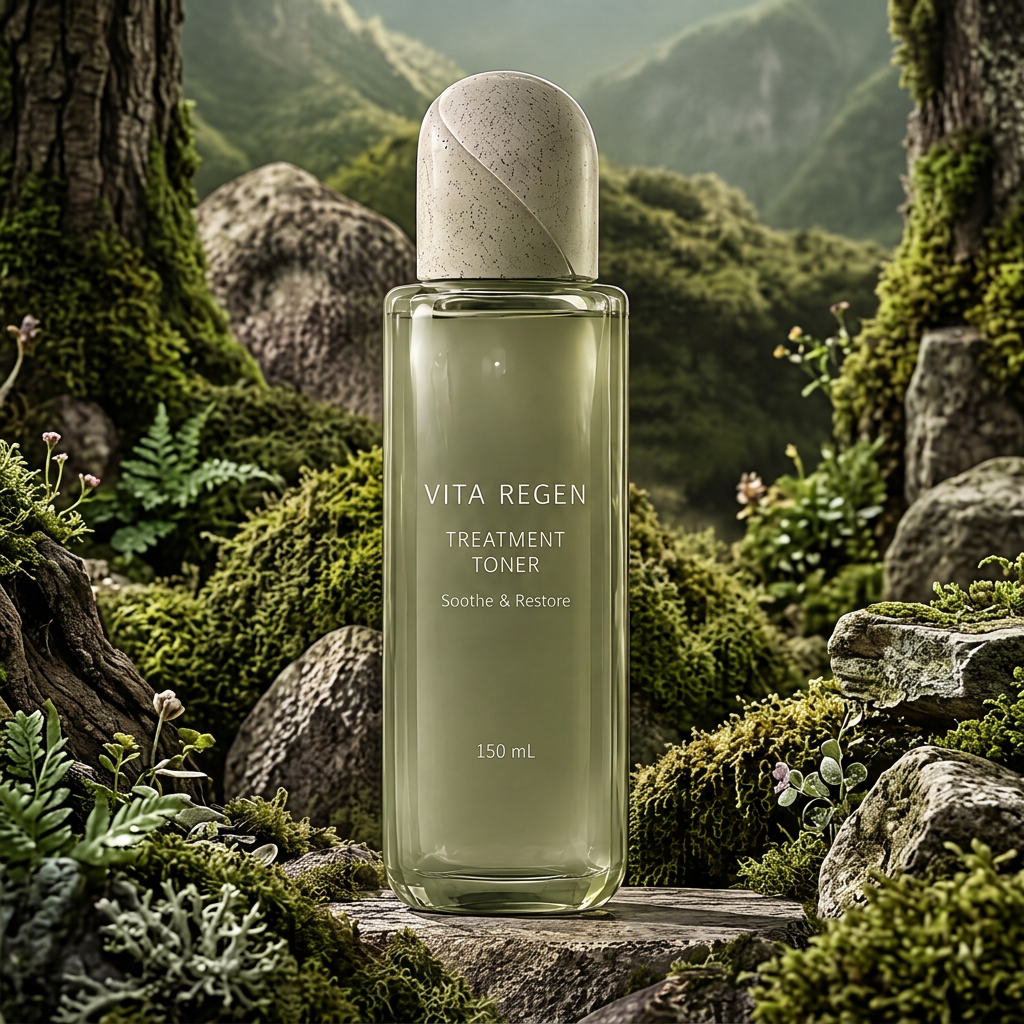 Vita Regen Treatment Toner 150 mL in a pale green rectangular bottle amid moss, rocks and a mountain forest.