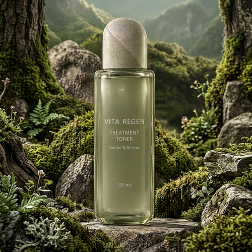 Vita Regen Treatment Toner 150 mL in a pale green rectangular bottle amid moss, rocks and a mountain forest.