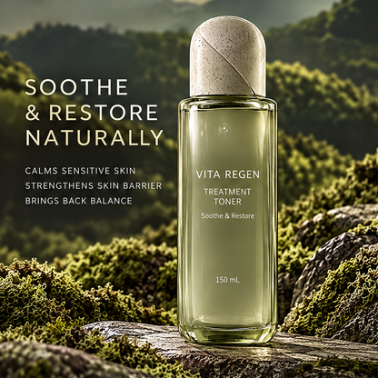 Vita Regen Treatment Toner 150 mL beside soothe and restore text against moss-covered rocks.