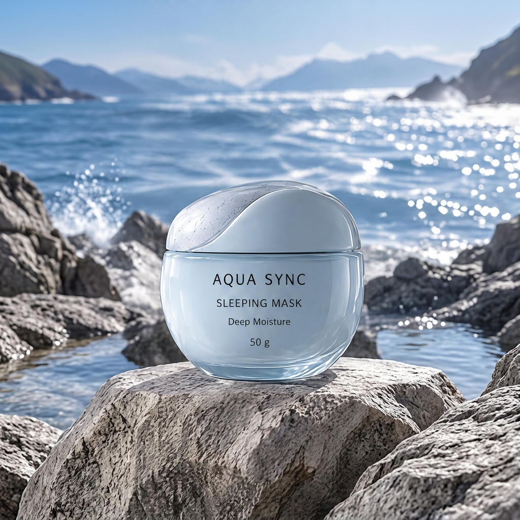 Aqua Sync Sleeping Mask 50 g in a rounded jar with a sculpted lid, standing on rocks beside the sea.