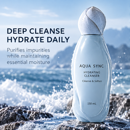 Aqua Sync hydrating cleanser on wet coastal rocks beside deep cleanse and daily hydration text.