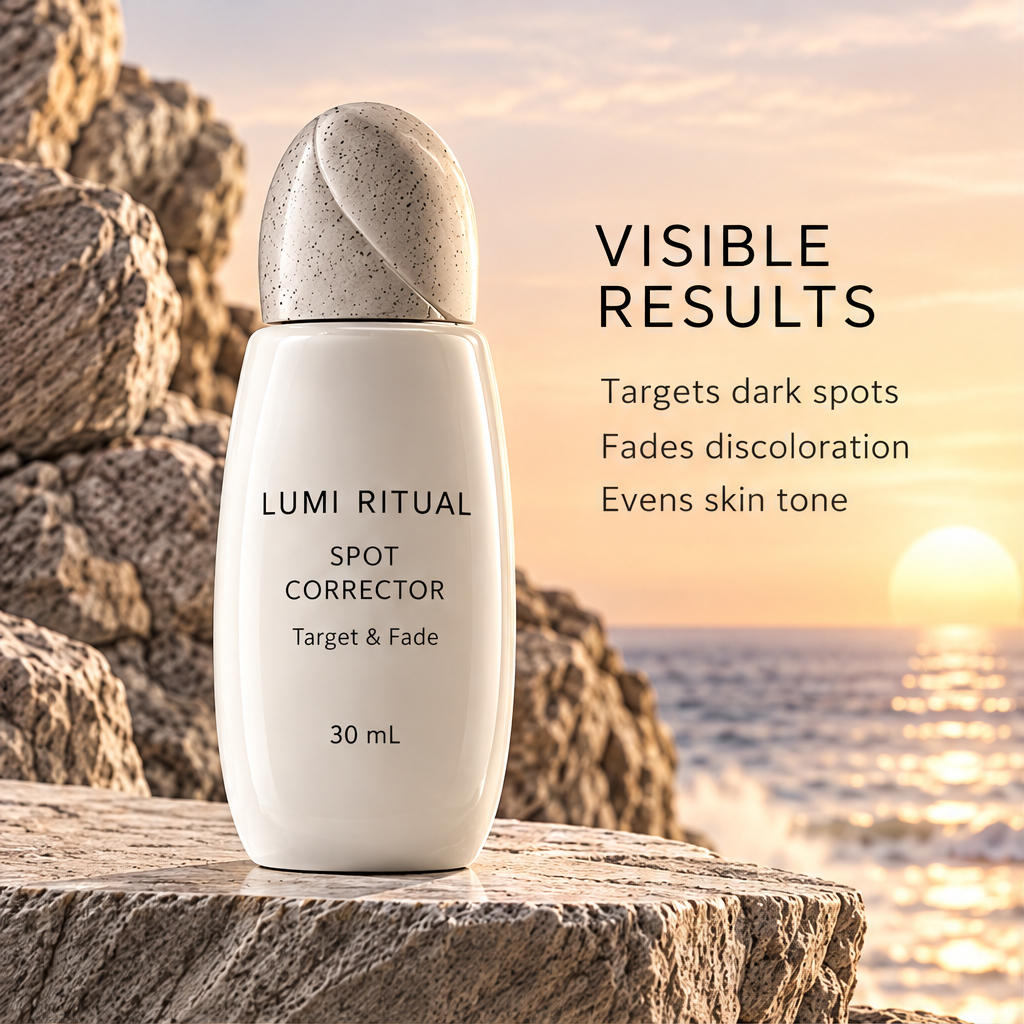 Lumi Ritual Spot Corrector 30 mL beside text about dark spots, discoloration and even skin tone.