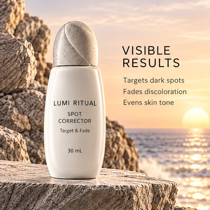 Lumi Ritual Spot Corrector 30 mL beside text about dark spots, discoloration and even skin tone.