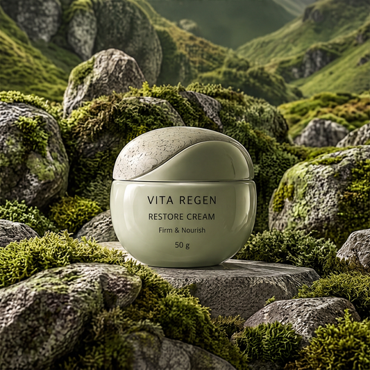 Vita Regen Restore Cream 50 g in a pale green rounded jar on moss-covered rocks against a mountain valley.
