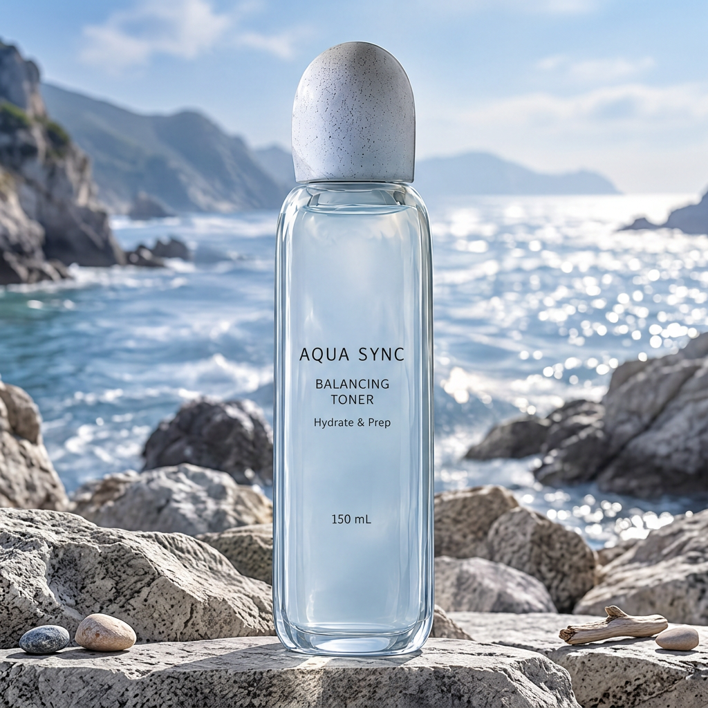 Aqua Sync Balancing Toner 150 mL bottle with a rounded speckled cap, standing on rocks beside the sea.