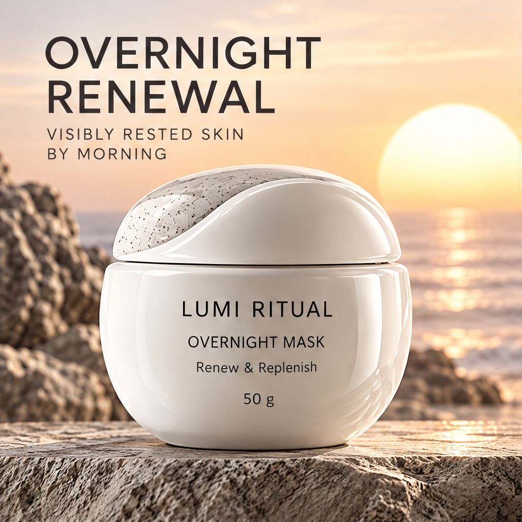 Lumi Ritual Overnight Mask 50 g beside overnight renewal text against a coastal sunset.