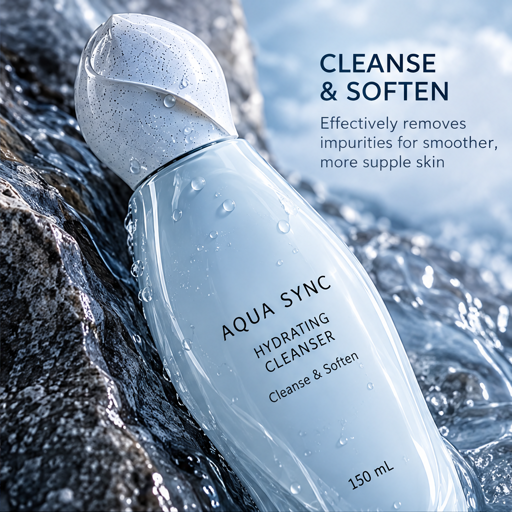 Angled close-up of Aqua Sync hydrating cleanser 150 mL with water droplets on dark coastal rocks.