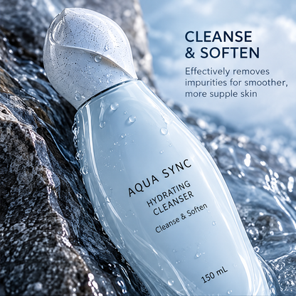 Angled close-up of Aqua Sync hydrating cleanser 150 mL with water droplets on dark coastal rocks.