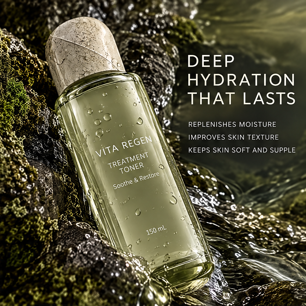 Angled Vita Regen Treatment Toner bottle with water droplets beside lasting hydration text.