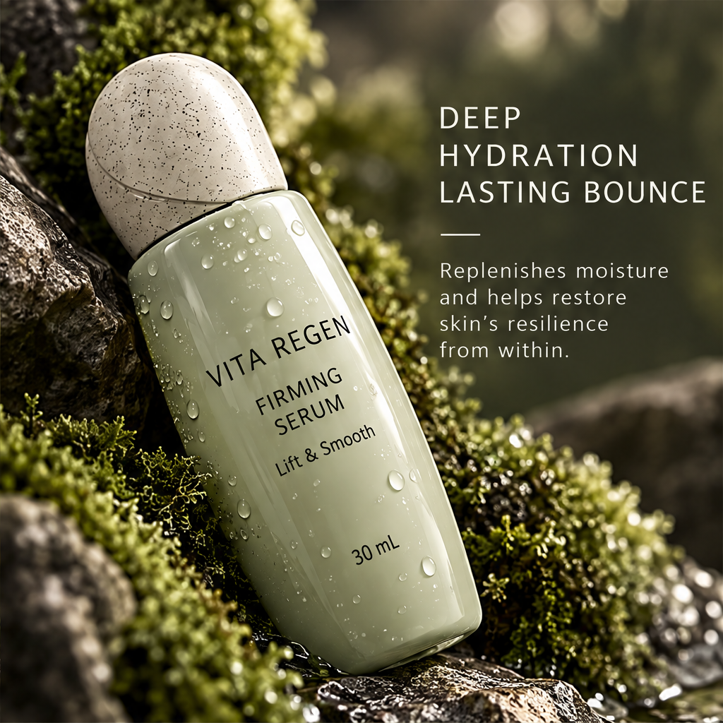 Angled Vita Regen Firming Serum bottle with water droplets beside deep hydration and lasting bounce text.