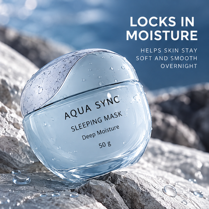 Angled Aqua Sync Sleeping Mask jar with water droplets beside text about locking in moisture overnight.