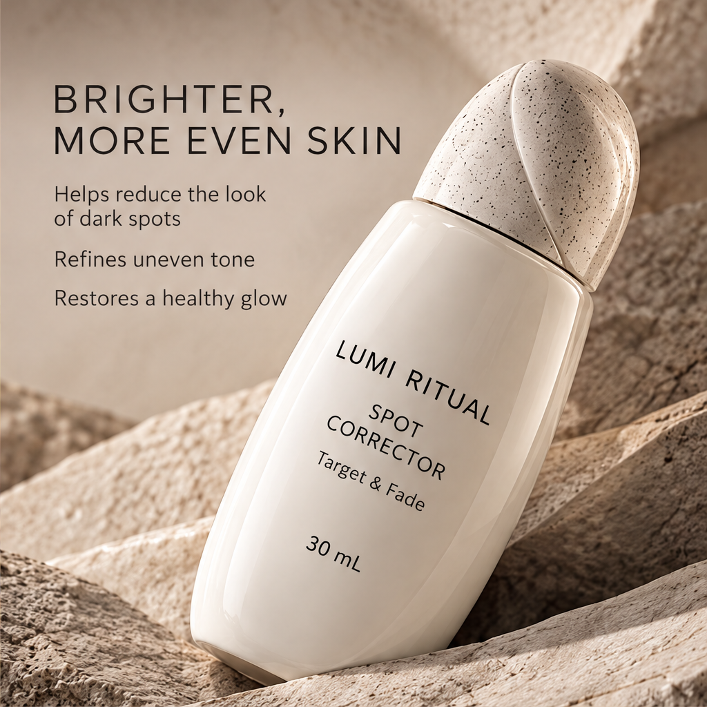 Angled Lumi Ritual Spot Corrector bottle beside text about reducing the look of dark spots and uneven tone.
