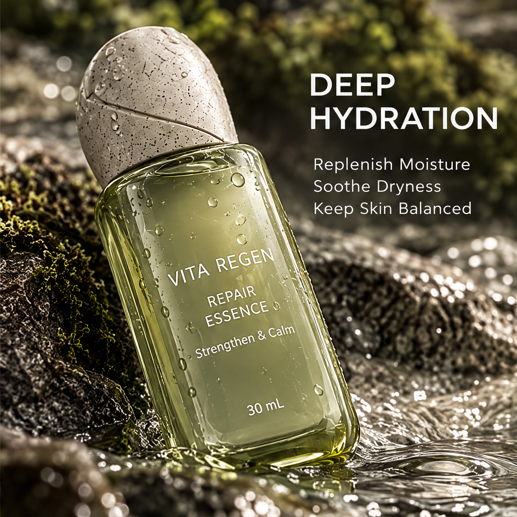 Angled Vita Regen Repair Essence bottle with water droplets beside deep hydration text.