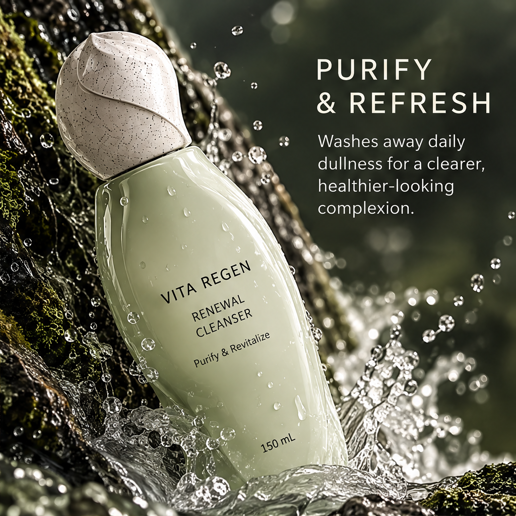 Angled Vita Regen Renewal Cleanser bottle surrounded by water splashes beside purify and refresh text.