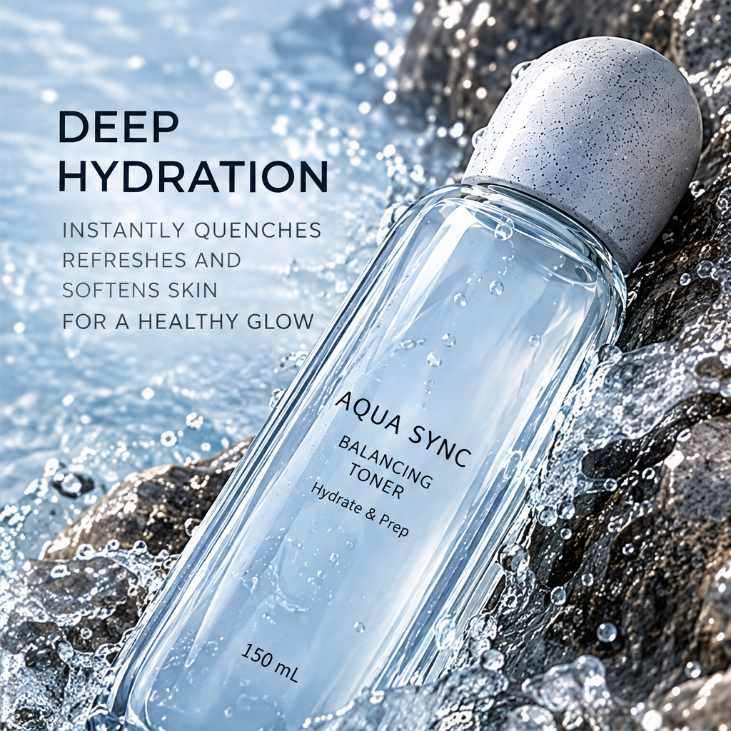 Angled Aqua Sync Balancing Toner 150 mL bottle with water droplets and deep hydration text.