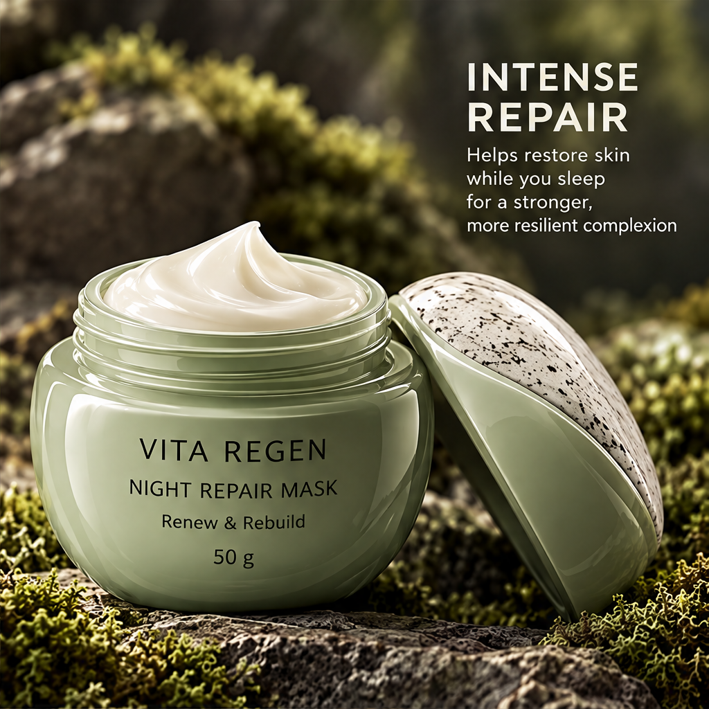 Open night repair mask jar showing cream texture beside its speckled lid and nighttime repair messaging