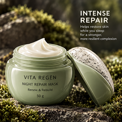 Open night repair mask jar showing cream texture beside its speckled lid and nighttime repair messaging