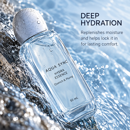 Angled Aqua Sync Hydra Essence bottle with water droplets on wet rocks beside deep hydration text.