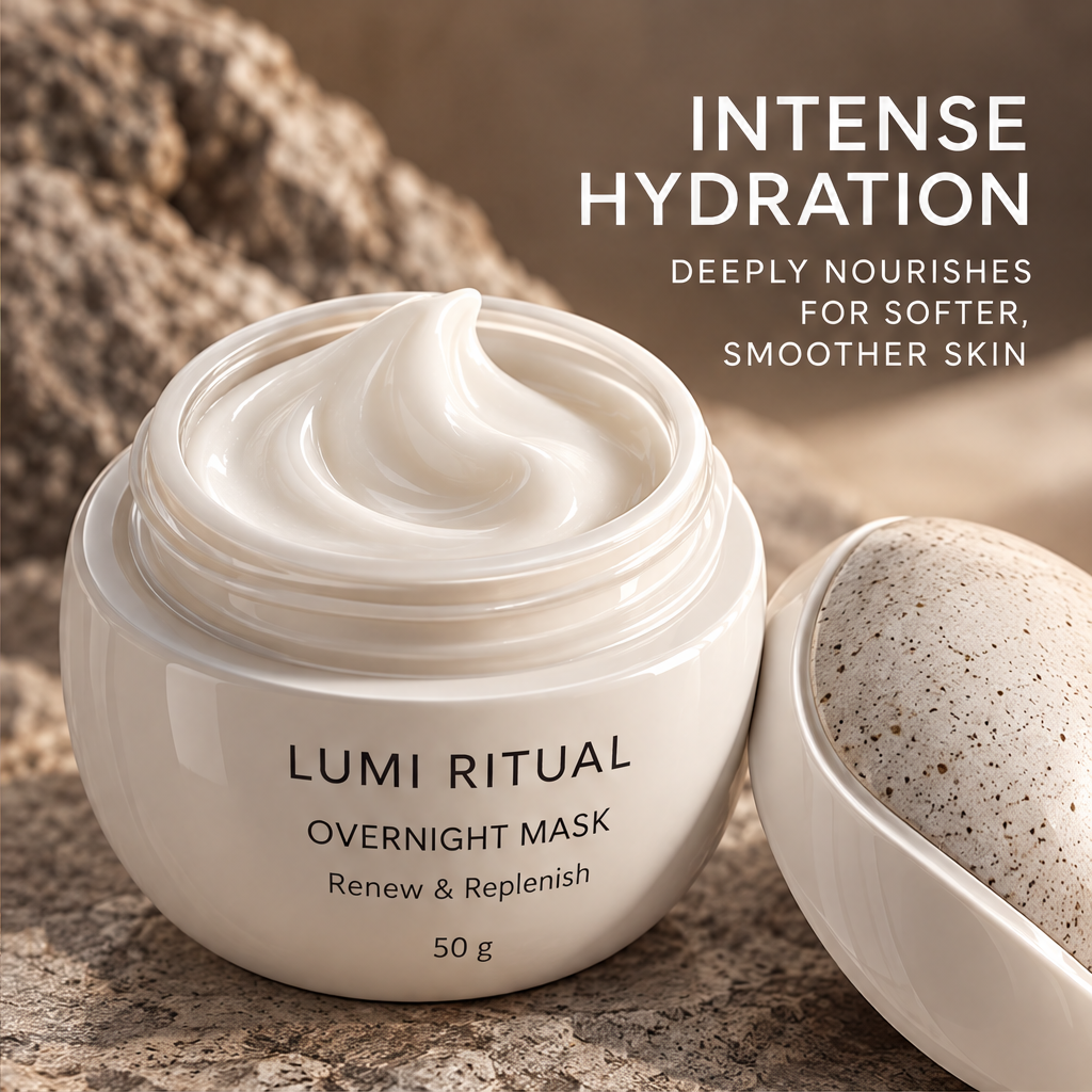 Open Lumi Ritual Overnight Mask jar showing white cream beside intense hydration text.