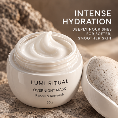 Open Lumi Ritual Overnight Mask jar showing white cream beside intense hydration text.